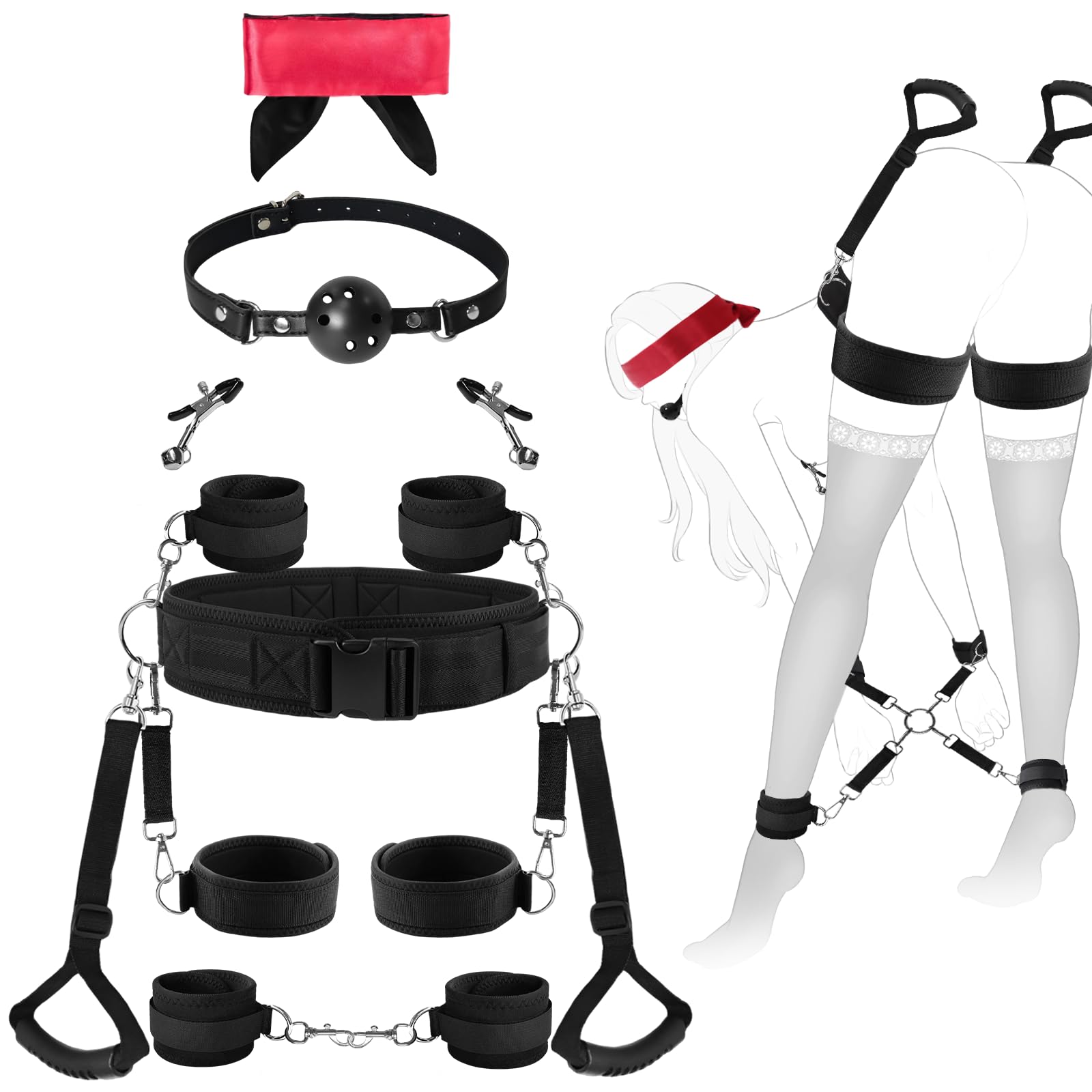 Adjustable handcuffs, leg cuffs, thigh cuffs, mouth cuffs, eye mask clips, 9-piece restraint kit, sexual restraint BDSM, female adult couple toy