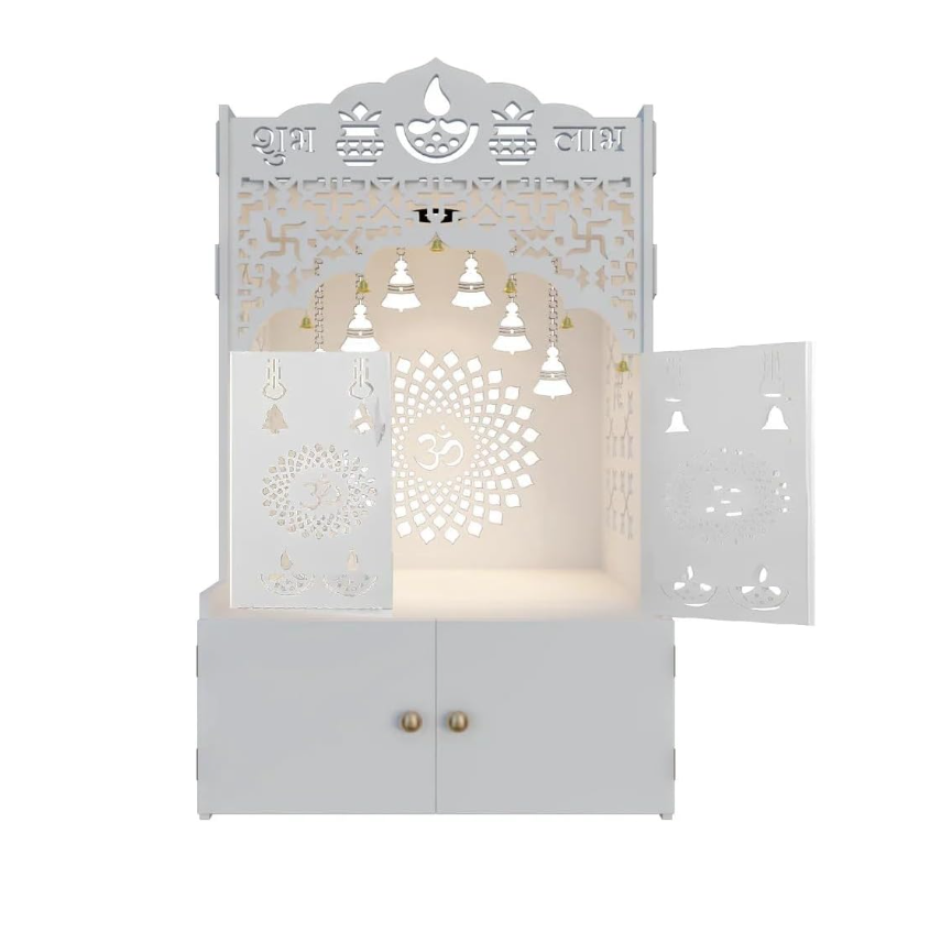 Home White Pooja Mandir Temple Independent Decoration Hindu Wooden Temple with Door