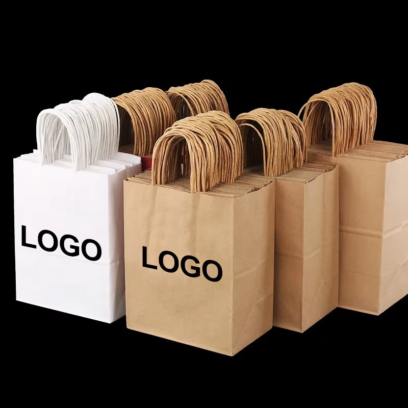 Customized printing white brown shopping recycling food bag with handle wholesale takeaway kraft paper bag with your own logo