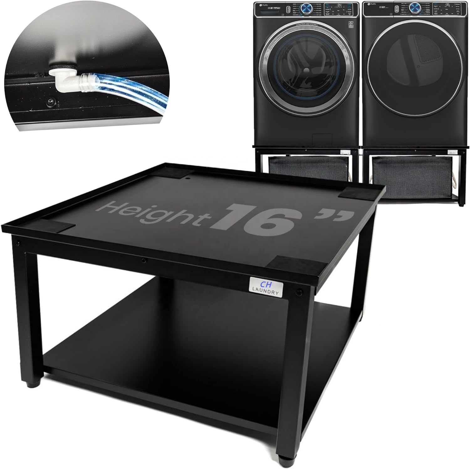 Black metal modern universal 16 inch drain pan hose adjustable foot pad bracket 28 inch base, suitable for bathroom and hotel use