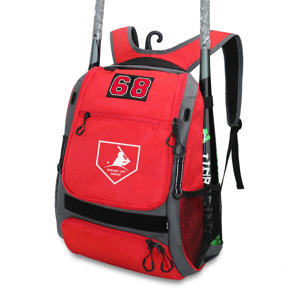 Charcoal red baseball and softball backpack, suitable for children and men, zipper closure, letter pattern, polyester fiber lining, capacity 36-55 liters