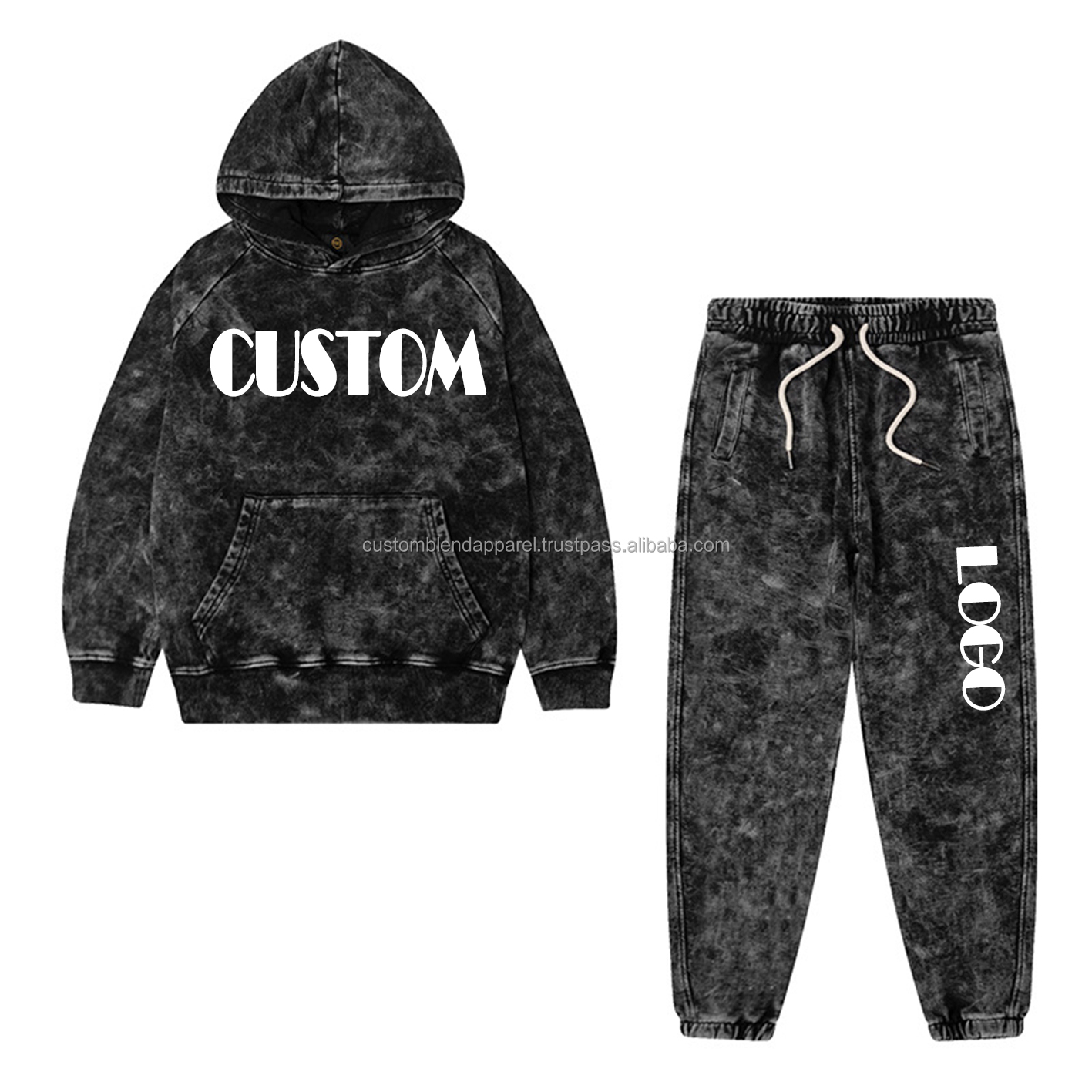Children's acid-washed streetwear tracksuit set, high-quality zip-up hoodie and flared pants, winter custom design, heavyweight print.